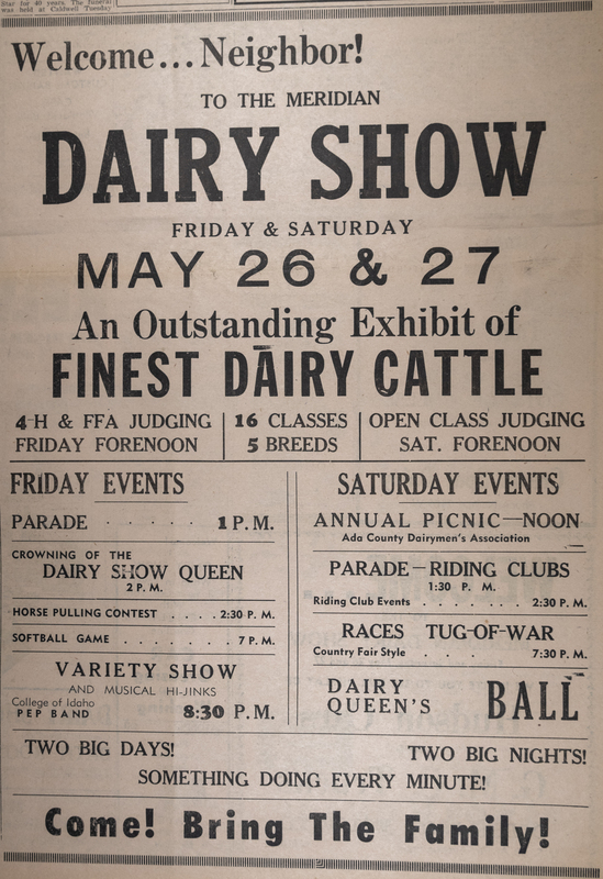 A "Welcome" to Dairy Days newspaper article. Dairy Days in 1950 was on May 26th and May 27th.