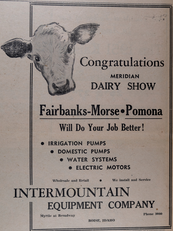 "Congratulations Meridian Dairy Show" advertisement from Fairbanks-Morse Irrigation.