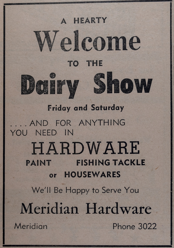 "A Hearty Welcome to the Dairy Show" advertisement from Meridian Hardware