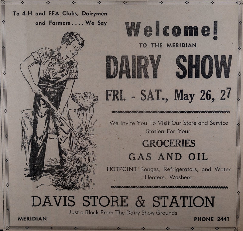 "Welcome to the Meridian Dairy Show" advertisement from Davis Store and Station