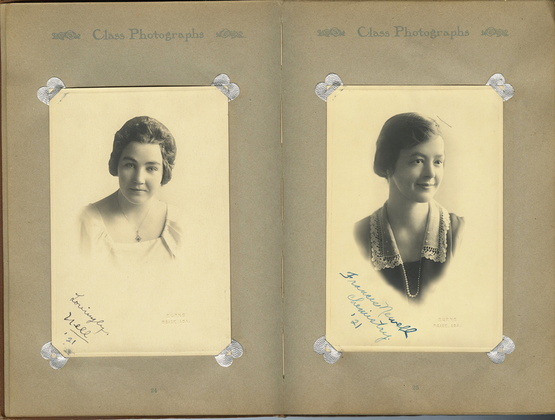 Two images of Ardath's friends. One is signed "Lovingly, Nell, 21" and the other "Frances Newell, Chemistry, 21".