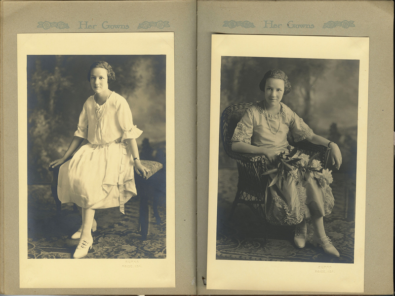Two portraits of Ardath Caldwell dressed in her finest outfits.