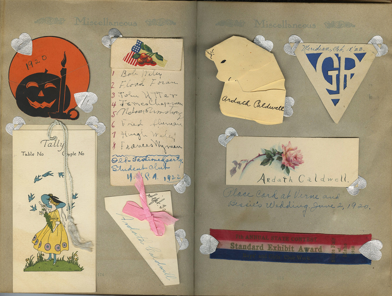 Several hand-made cards and ribbons for various events attended by Ardath Caldwell.