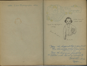 Cute pencil drawing (self portrait?) of Ardath carrying stack of books. Nice poem by Vida Thornburg, MHS, 22.