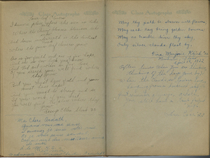 Several poems and quotes from Ardath's classmates. One reads <br>"May thy path be strewn with flowers, <br>May each day bring golden bowers, <br>May no trouble dim thy sky, <br>Only silver clouds float by.", Vera Marjorie Klink, 22.