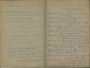 Several poems and quotes from Ardath's classmates. One reads <br>"For the structure that we raise, <br>Time is with materials filled;<br>Our todays and yesterdays,<br>Are the blocks with which we build.", Bernice Louise Harms, 22.