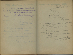 Several poems and quotes from Ardath's classmates. One reads <br>"When you're sailing down life's river, <br>In your little birch canoe,<br>I wish you a pleasant journey,<br>With just room enough for two.", Your Friend, Helen May Normau.