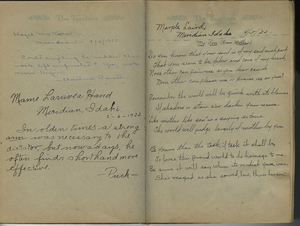 Final page of teacher signatures. One reads: Hazel McKern, Meridian - 4/4/1922. <br>"Could anything be sadder than work left unfinished? Yes; work ever begun. -- Christina Rossetti."