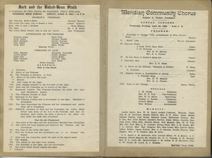 Two programs, one for the play "Jack and the Baked-Bean Stalk" and the other for the Meridian Community Chorus. Ardath Caldwell took part in both.