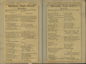 Two cards with various Meridian High School songs and cheer yells.