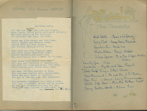 A sweet poem written to commemorate Ardath's 9th birthday. The poem lists all her friends who were attendance. Also listed are some of the presents she received.