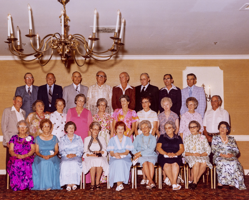 Color image of a large group of Meridian residents - occasion is unknown. Names were updated in 1989.