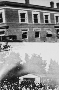 Two pictures of the exchange bank on E. 2nd & Broadway and a sale with a crowd