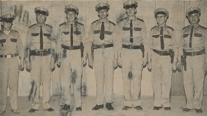 Meridian Auxiliary Police, from left to right: Kenneth Smith, Roy Wood, Jonas Lee, Bill Luke, Lowell Gass, Neil Hudson, Ted Dennis