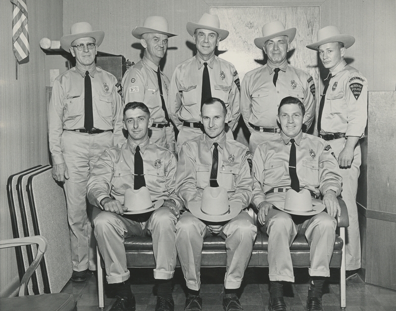 Members of the Meridian Auxiliary Police seated (left to right) are Bill Luke, Lowell Cass, Jonas Lee. Standing: Neal Hudson, Wayne Lant, Roy Wood, Ted Dennis, and Kenny Smith. 