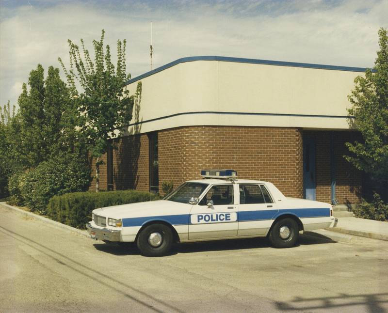 Meridian Police Car backed into parking space at corner of City Hall building (33 E. Idaho St.). Photo from 1988.