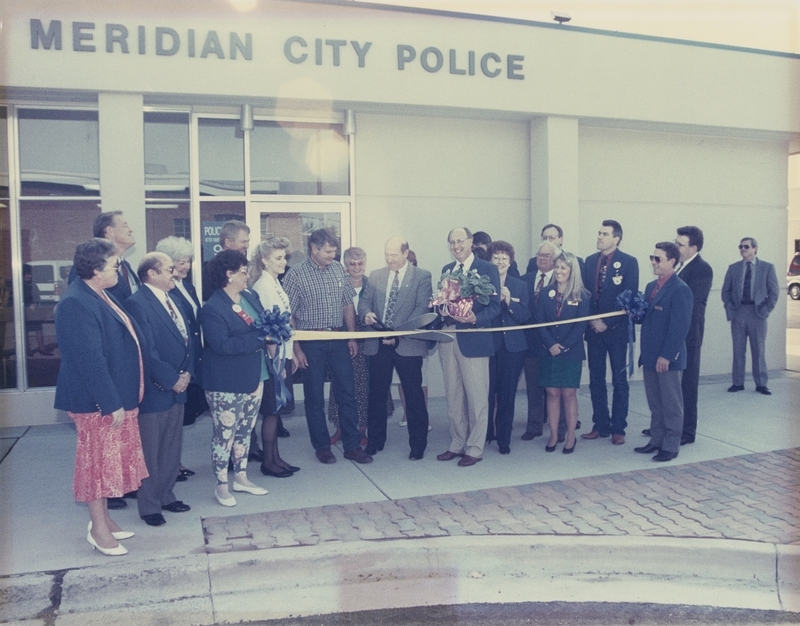 New Meridian Police Department (201 E. Idaho Street) ribbon cutting ceremony on October 1, 1995. Prior to this, the Meridian Police Department shared the City Hall building. 