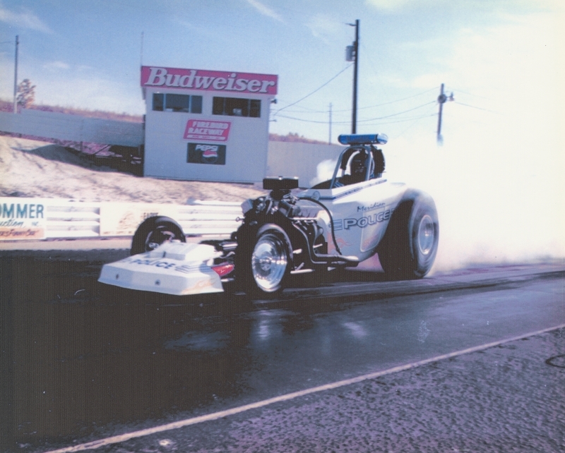 Meridian Police drag racing car with Police Chief Bill Gordon, in 1998 at Firebird Raceway in Eagle, Idaho.  