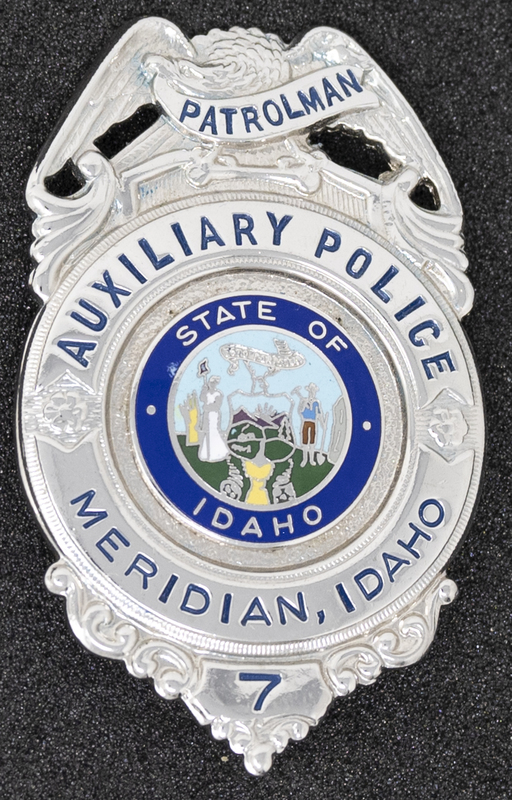 Meridian Police Auxiliary Police Patrolman badge, circa 2007 or some time during Jeff Lavey's tenure as Meridian Police Chief.