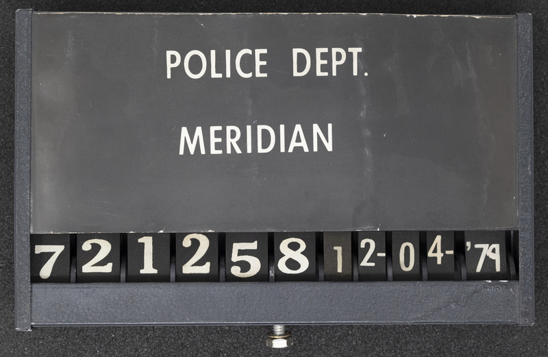 This Meridian Police Department suspect photograph board was apparently last used in 1979, although there is no identifying information at hand as to how long the department used this for police bookings.