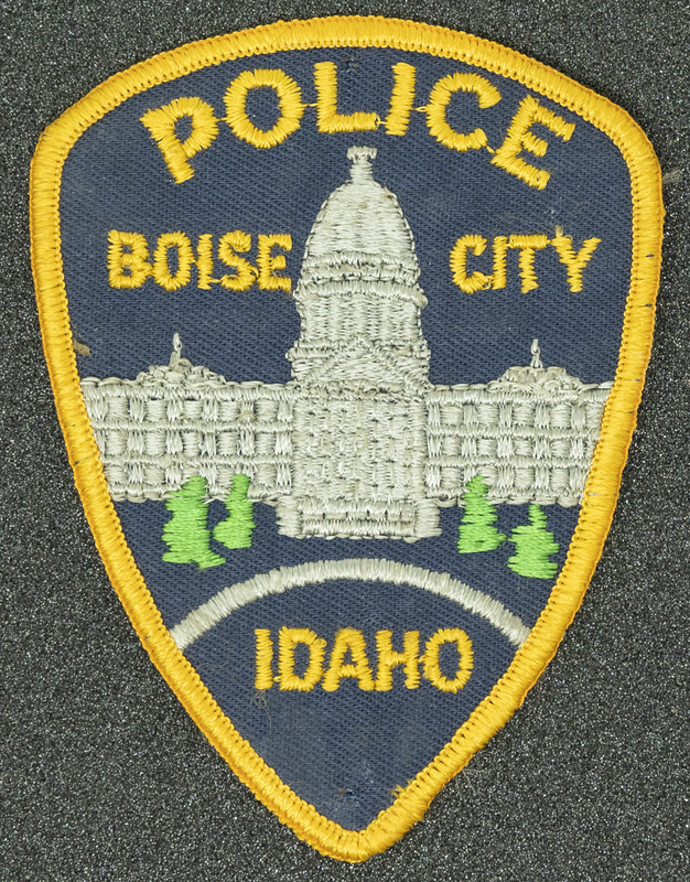 Boise Police patch, part of MPD's Idaho patch and badge collection circa 2007. The patch and badge collection hangs on the MPD meeting room wall, and indicates the respect Meridian Police officers have for other police in the surrounding areas. 