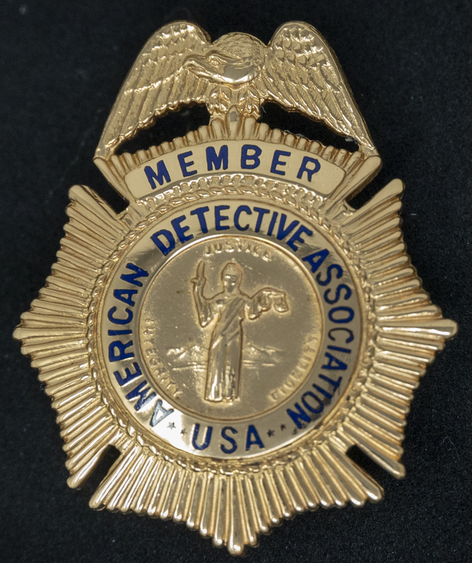 Gene Hiner American Detective Association member pin, part of the Gene Hiner Police Career Display presented to the MPD by Gene Hiner's family. 