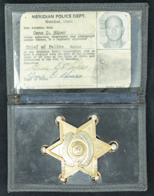 Gene Hiner Meridian Police Chief ID and badge. Hiner served as Meridian Police Chief from 1963-1973. Part of the Gene Hiner Police Career Display presented to the MPD by Gene Hiner's family.