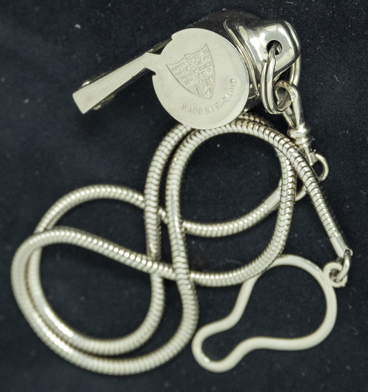 Gene Hine police whistle, which could have been used at anytime during his 1954-1973 police career. Part of the Gene Hiner Police Career Display presented to the MPD by Gene Hiner's family. 