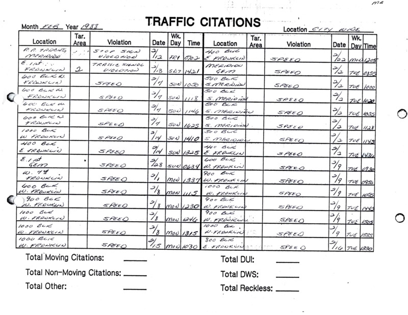 Meridian Police Traffic Accident Statistics 1977-September 1989 Part 2 covers from February 1988 (continued from part 1) to January 1987. The statistics binder progresses chronologically from newsest year to oldest (so from 1989 down to 1977). Binder details the location of the traffic accident, the violation that caused the accident, the date and time of the accident, and some of the years track property damage and personal injury values as a result. There is no personal names of those at fault, or the officer doing the response. These are merely statistics. 