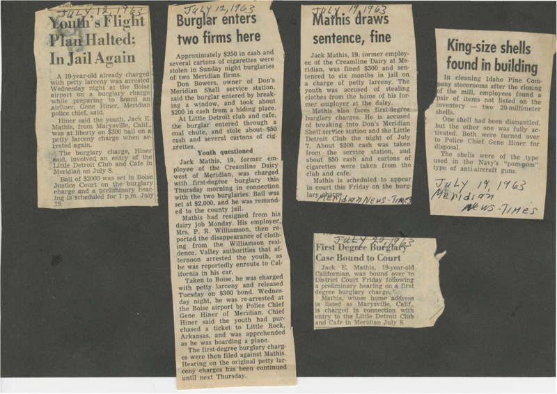 The Police Chief Gene Hiner Scrapbook was prepared by the family of Gene Hiner and gifted to the Meridian Police Department. The Hiner family and the MPD have provided permission for this scrapbook to be included in this digital collection. Digitization staff have divided the scrapbook into 7 parts for website use. The scrapbook collection, in all its parts combined, contains certificates of achievement presented to Gene Hiner, photographs of crime evidence, photographs of police officers, newspaper articles detailing events related to the Meridian Police Department and the City of Meridian, letters of recommendation in behalf of Gene Hiner, letters of recognition to MPD and Gene Hiner, and other items. The scrapbook collection as a whole contains content from 1956 to 1992. The majority of the content focuses from the 1960s into the early 1970s. 