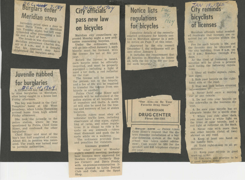 The Police Chief Gene Hiner Scrapbook was prepared by the family of Gene Hiner and gifted to the Meridian Police Department. The Hiner family and the MPD have provided permission for this scrapbook to be included in this digital collection. Digitization staff have divided the scrapbook into 7 parts for website use. The scrapbook collection, in all its parts combined, contains certificates of achievement presented to Gene Hiner, photographs of crime evidence, photographs of police officers, newspaper articles detailing events related to the Meridian Police Department and the City of Meridian, letters of recommendation in behalf of Gene Hiner, letters of recognition to MPD and Gene Hiner, and other items. The scrapbook collection as a whole contains content from 1956 to 1992. The majority of the content focuses from the 1960s into the early 1970s. 