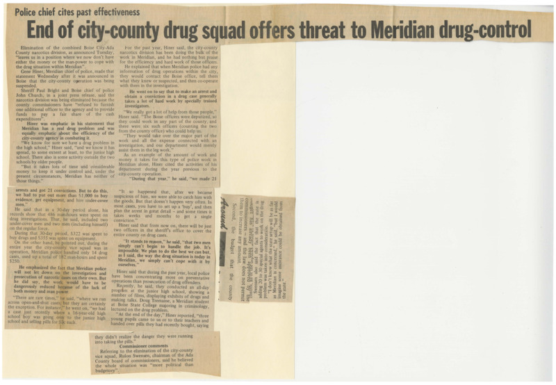 The Police Chief Gene Hiner Scrapbook was prepared by the family of Gene Hiner and gifted to the Meridian Police Department. The Hiner family and the MPD have provided permission for this scrapbook to be included in this digital collection. Digitization staff have divided the scrapbook into 7 parts for website use. The scrapbook collection, in all its parts combined, contains certificates of achievement presented to Gene Hiner, photographs of crime evidence, photographs of police officers, newspaper articles detailing events related to the Meridian Police Department and the City of Meridian, letters of recommendation in behalf of Gene Hiner, letters of recognition to MPD and Gene Hiner, and other items. The scrapbook collection as a whole contains content from 1956 to 1992. The majority of the content focuses from the 1960s into the early 1970s. 