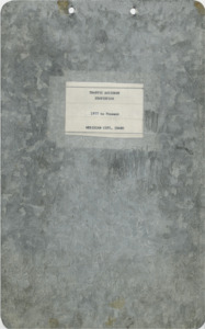 Meridian Police Traffic Accident Statistics 1977-September 1989 Part 1 covers from January 1989-September 1989 and then from January 1988 to February 1988. The statistics binder progresses chronologically from newsest year to oldest (so from 1989 down to 1977). Binder details the location of the traffic accident, the violation that caused the accident, the date and time of the accident, and some of the years track property damage and personal injury values as a result. There is no personal names of those at fault, or the officer doing the response. These are merely statistics. 