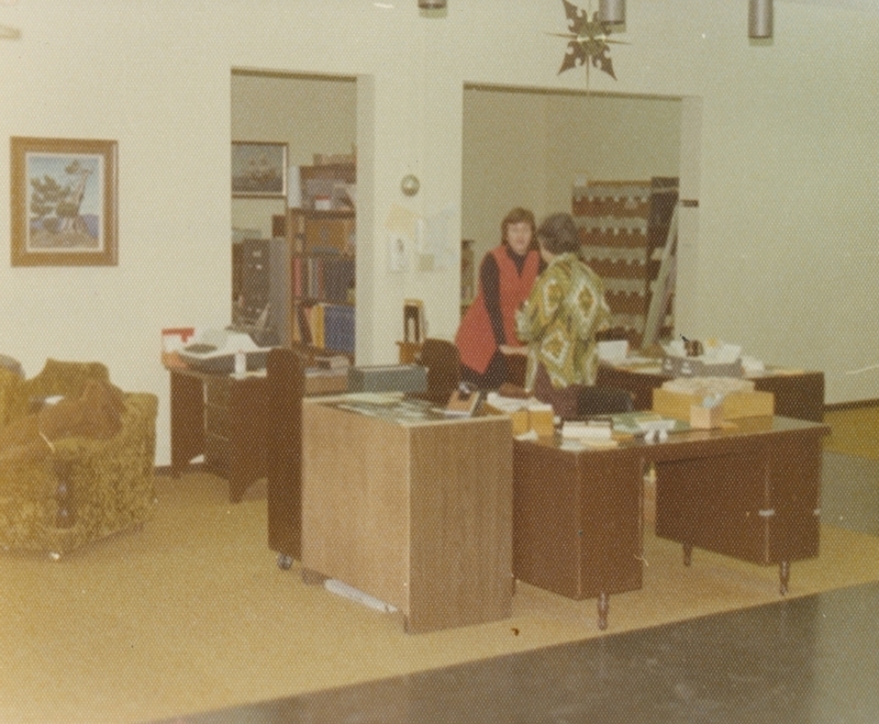 Nancy Sage (Meridian Librarian) and Nancy Spear (Clerk-Typist) at work, circa 1975