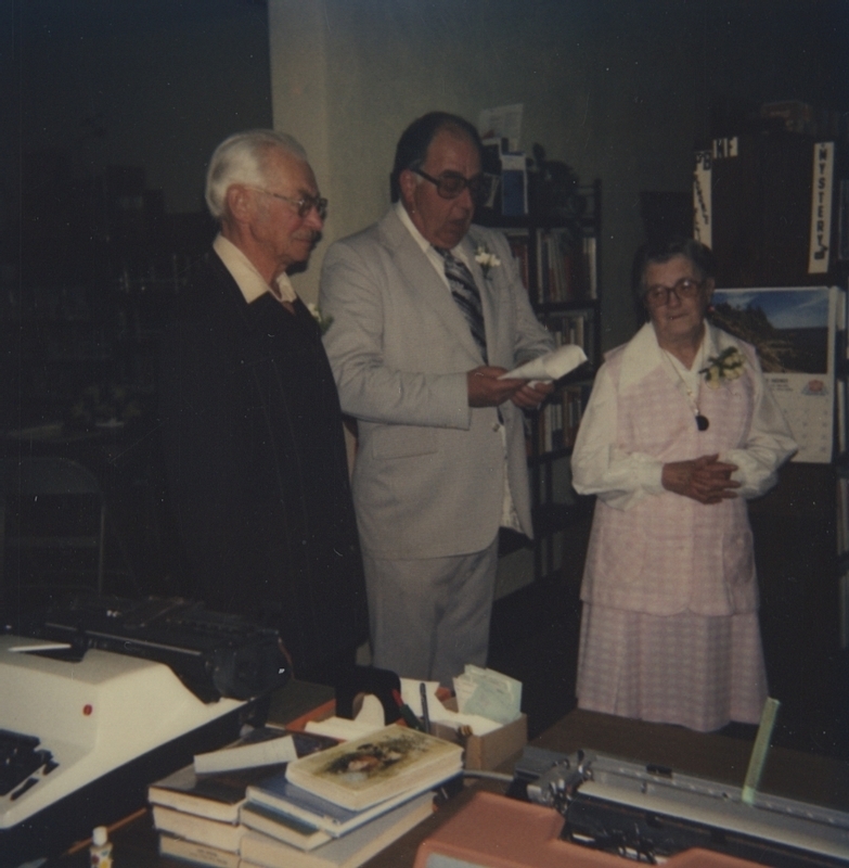 Carl Rathjen, Jack Riddlemoser, and Nancy Sage at an event opening up the Idaho Collection at the Meridian Library (circa 1982). 