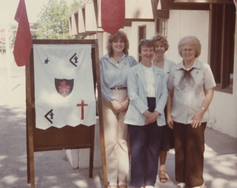 Meridian Library employees stand outside the library during a Castle Day Event. From left to right: Roben, Nancy, Gaye, and Evelyn 