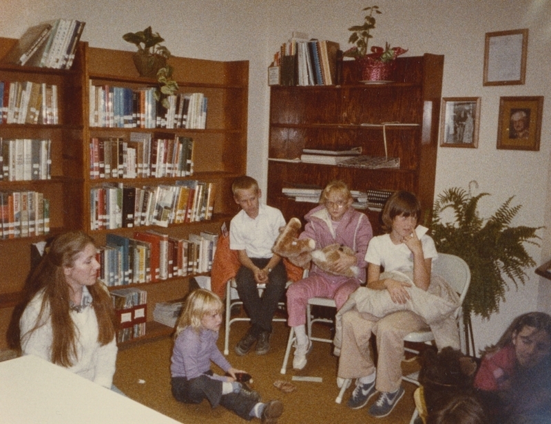 Several kids participate in Good Bear Day storytime, October 27, 1982.