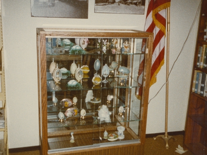 Easter display case featuring Gaye Walter's faberge eggs