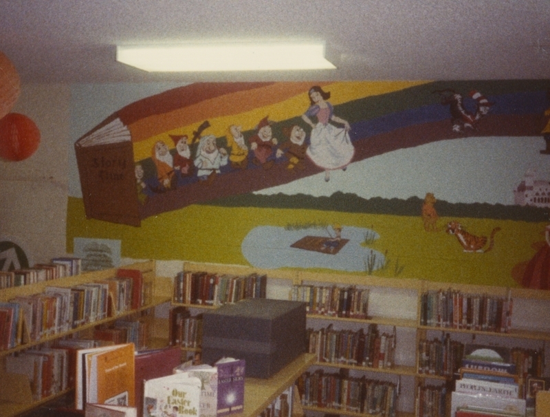 The first third of a wall mural in the juvenile section of the Meridian Library.  