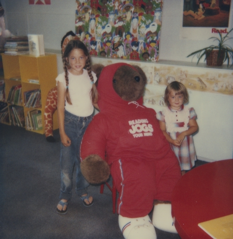 Amy and Carma Skoro visit Albert the Running Bear. Albert the Running Bear was on loan from the Nampa Library, and is in reference to the book The Adventures of Albert the Running Bear. 