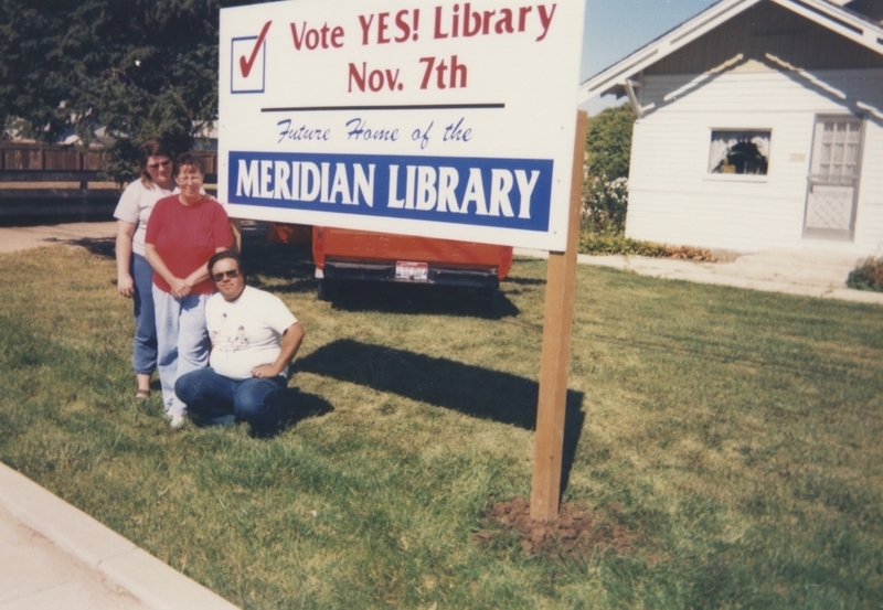 "The Future Home of the Meridian Library" sign posted encouraging residents to vote "Yes" for the library on November 7th. 