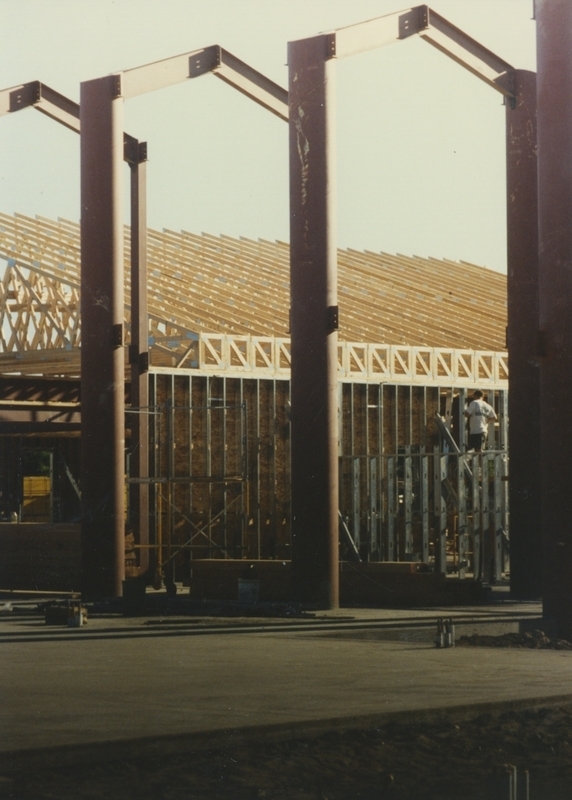 Cherry Lane Library construction with roof joists and metal columns. 