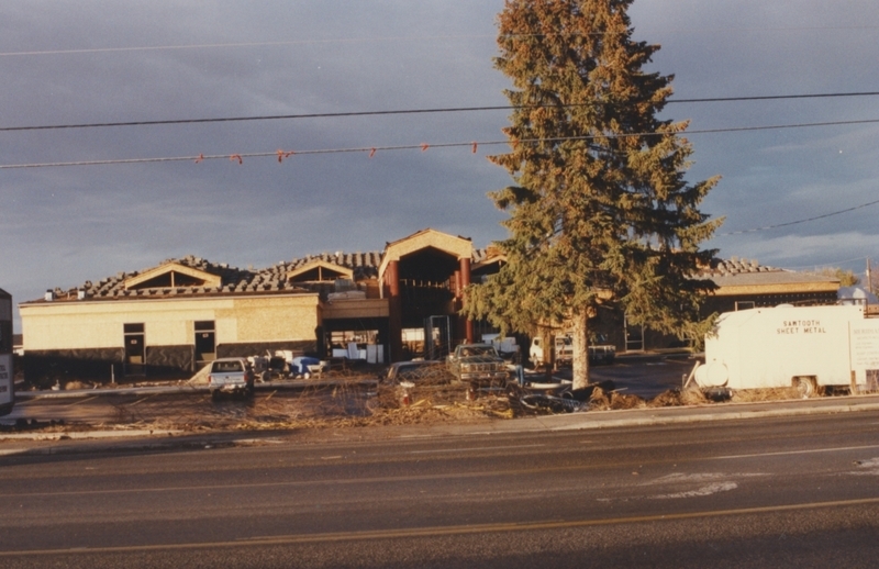 Photo of Cherry Lane Library construction progress as of November 1996. Eventually the large pine tree in the picture will be cut down before the library is completed.