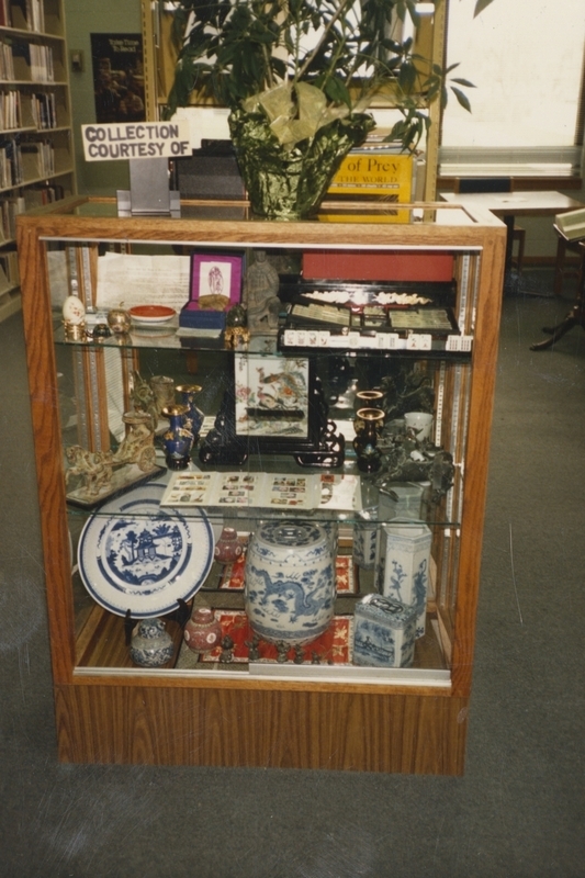 Display at the old Meridian Library of Chinese items, circa 1990. 