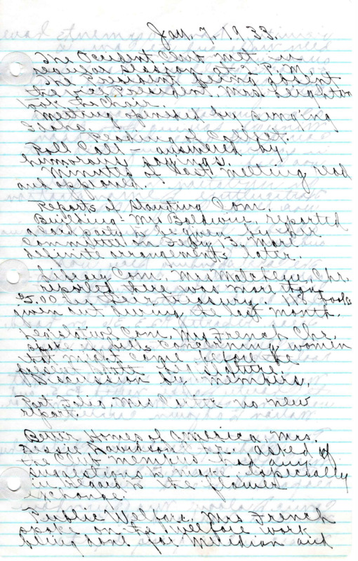 <b>January 7, 1933:</b> Building committee to put on a card party in February; library report; Mrs. French (Legislative Committee) talked about bills concerning women that might go before state legislature; Mrs. French discusses public welfare work being done in Meridian and the the Welfare Committee made garments for those in need and plan on doing more; repairs on clubhouse roof voted on; program consisted with some readings and music<br><b>February 11, 1933:</b>  Valentine Card Party to be held by Building Committee; library loaned many books to the high school; Better Homes of America Committee polled members of the club on interest in a two day meeting on garment work; report that petitions for lower utility rates presents to utility companies<br><b>March 4, 1933:</b> Card party report; library report; Girl Reserve Committee announces a potluck dinner to by given by Girl Reserve; flower and seed exchange planned; a committee to look into having the roof repaired established; program provided by the Girl Reserves<br><b>April 1, 1933:</b> Report on clubhouse roof situation; Library Fund Committee asks to have a novella sale at the next meeting, club members approve; Welfare Committee reported 350 sacks of flour given to the needy and a lot of material to be made into clothing; Mrs. French reports eight to ten calls a day come from those in need of help; April 4th the date for the flower exchange; nominations for future officers made; Dora Leighton only one nominated for new president, and is elected; rest of elections in May; a "Civic Committee" suggested; discussion given on Boy Scouts; program lecture on landscaping<br><b>May, 6, 1933:</b> Committee reports; the Royal Neighbors and the City of Meridian each presented a tree to the club house grounds; Mrs. French (Welfare Committee) reports no more Red Cross flour for welfare work for the given time, but some sweaters available for those in need; bills and communications to club read; attached to minutes a report of the officers elected for 1933 and 1934<br><b>June 8, 1933:</b> Bad weather takes annual club birthday picnic inside the club house; committee reports; library report; Mrs French provided a two year history of the club as club historian; committee appointed to work on changing by-laws to alter the date of club meetings; report given on the annual May Federation convention; President-elect laid out the new committee organizations for the next year; special attachment laying out the separate carnival committees of the occident club<br><b>July 8, 1933:</b> Club minutes starting in September will now be held on the fourth thursday of each month; discussion of making and selling a quilt at a carnival for club fundraising; details on the documenting of club history; Carnival to be held in September<br><b>August 24, 1933:</b> Committee reports; motion carried the Occident Club will give banquet for the Girl Reserves; members appointed to an advertising committee; motion made to postpone carnival to a later date as they talk to city council in regards to holding the carnival; program consisted of music<br><b>September 28, 1933:</b> Committee reports; more books received from the Carnegie Endowment of N.Y.; Carnival committee meeting held; Flower, Fruit, Vegetables, and Grain exhibit; Mrs. French reported on the State Conference of the Red Cross, stating very little goods given to welfare this year; program on the "Discovery of America" and a piano solo<br><b>October 26, 1933:</b> Committee reports; report on Occident Club yearbooks not being printed yet; not much response in getting people to aid with book repairing committee; motion carried that the club have an Idaho products dinner; program of musical performances<br><b>November 23, 1933:</b> Committee reports, new books purchased by the library; motion carried that the high school borrower card price be reduced to 15 cents; bill amounts and disbursements listed; musical program<br> <b>December 21, 1933:</b> Report on money made at Idaho Products Dinner; library report; rules for obtaining books from library; committee reports; Christmas program of music<br> 