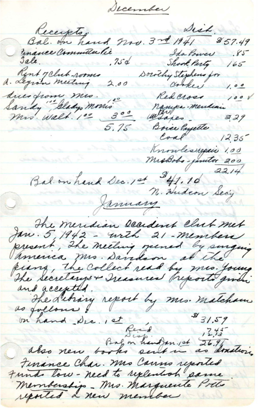 <b>January 5, 1942:</b> Library report; committee reports; new library book donations; some clubhouse pipes need repair; club "Study" division to have a book study on South America<br><b>February 2, 1942:</b> Library report; committee reports; standing water problem on clubhouse grounds; program consisted of past club presidents being presented with a corsage as the presented a resume of their presidential work<br><b>March 2, 1942:</b> Library report; committee reports; delegates selected for Federation convention; Mrs. Knowles gave a report on sugar rationing; publicity committee sent a report on the club's Past Presidents day to the local paper; building insurance for clubhouse continued; program on the customs of Ireland, including Irish songs<br><b>April 6, 1942:</b> Library report; committee reports; nominating committee appointed for elections; motion carried to donate to Cancer Control; water situation on clubhouse grounds taken care of; report on history of club taken; program called "Over the Garden Wall" followed by music<br><b>May 4, 1942:</b> Library report; committee reports; Red Cross sewing and knitting day; reports from Federation convention delegates; report from nominating committee, new officers announced, Mrs. Nettie Hudson new club president; Mrs. Burnell conducted a guessing contest and performed two accordion solos; attached newspaper clipping of 1941-1942 library report; attached general club report 1941-42; attached secretary's annual report<br><b>June 1, 1942:</b> Annual picnic; "Faith of Our Fathers" sung; library report; committee reports; defense and legislature chair gave paper on "Salvage for Victory"; believed that city will take care of club house lawn; house and grounds committee to take care of refurbishing chairs; Red Cross report, 137 knitted garments sent out; program consisted of a paper on the U.S.O.; motion carried for club to give money to the U.S.O. drive; installation of officers for the next year<br><b>July 6, 1942:</b> Auditing committee find the audit satisfactory for the previous year; library report; committee reports; luncheon to be served monthly for the benefit of club; Mrs. Cato reports not many coming out for Red Cross sewing; new club janitor; program of music solos and a patriotic poster display "You Can Defend America"<br><b>August 3, 1942:</b> Library report; luncheons to be served when weather gets cooler; Mrs. Cox reports small turnout for sewing, a volunteer to take charge of sewing requested; program on origin of the salute of the flag and the singing of The Star Spangled Banner<br><b>September 7, 1942:</b> Library report; committee reports; legislative committee reports on women's work in WAAC (Women's Army Auxiliary Corps); 285 garments turned into Red Cross since February; program consisted of singing "old time sacred songs" followed by a paper on women of the Bible<br><b>October 5, 1942:</b> Library report; committee reports; club members asked to aid in war effort by donating blood to the blood bank; Red Cross sewing report; program consisted of speakers from the city health council; home nursing discussed as needed in a shortage of nurses and hospital facilities<br><b>November 2, 1942:</b> Library report; committee reports; club study group planning a class to study Japan; clubhouse chimney to be fixed; club to donate club rooms to all defense meetings; program on the care, pressing, and cleaning of clothes and a new fire resistant substance used on clothes; Boise Red Cross Home Nursing presentation<br><b>December 1, 1942:</b> Luncheon held before meeting; library report; committee reports; Mrs. Frazier read article on recreation for soldiers and how women in clubs can help; review of the study group lesson on Japan; Red Cross kits; program consisted of the Christmas Story read from the books of Matthew and Luke; Christmas songs sung