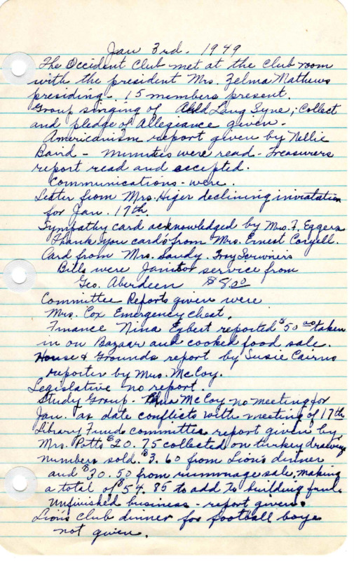 <b>January 3, 1949:</b> Committee reports; report of money made from bazaar and cooked food sale; money raised for the library discussed<br><b>January 17, 1949:</b> Luncheon given by officers of the club; special meeting with Mrs. Hogsett the state President of Federated Clubs; club donation given to the Infantile Paralysis Fund<br><b>February 14, 1949:</b> Meeting was delayed one week due to snow and extreme cold; committee reports; emergency closet inventory report, with motion carried to buy another oxygen tent; Lions Club dinners report, with vote to continue providing dinners to raise money; a rule made regarding damaged emergency chest equipment<br><b>March 7, 1949:</b> General Federation of Women's Clubs to hold nationwide "Build a Better Community" contest, club voted to enter highlighting the library and their emergency chest; motion for club pins to be purchased for outgoing presidents; club to purchase wedding gift for club president Zelema Matthews Rose<br><b>April 4, 1949:</b> Committee reports; nomination committee selected for upcoming club elections<br><b>May 2, 1949:</b> Communication appealing for Korean educational supplies, club members voted to do anything possible at this time to help; suggestion made to write film companies urging higher moral standards in films produced; club members agree to send six dollars to state TB Hospital; committee reports; nominating committee mentions new officials, Oral Coleman selected to be new club president<br><b>June 7, 1949:</b> Committee reports: yearly library report given including that 3,997 books were loaned by library in past club year; installation of new club officers; new committee appointments listed; 1948-1949 club roll call list attached to minutes<br><b>September 5, 1949:</b> Committee reports: trouble in trying to keep clubhouse grounds watered; invitations to the Library Tea event to be sent; discussion and vote taken to continue serving dinners to the Lions Club; program consisted of each member present giving a brief account of their most enjoyable vacation experience <br><b>September 9, 1949:</b> Meeting of the executive committee called to consider project of putting on a play to make money; motion carried to do so, but date determined later <br><b>September 12, 1949:</b> The executive committee met again to discuss whether to join with the Chamber of Commerce in sponsoring a reception for grade and high school teachers; motion carried<br><b>October 3, 1949:</b> Executive committee meeting actions approved by members; committee reports; emergency chest report states 36 items in the chest; Girl Scout using club rooms without permission of present officers, motion carried to rent to adults only; motion carried to have October 17th be the 25th Anniversary Silver Tea; program featured special guest who "favored us with 2 lovely spirituals"<br><b>November 7, 1949:</b> Committee reports; report on Scout breakfast; report from the Silver Tea event; City Council presents club $500; motion carried to appoint a Library Board that would aid in choosing new books, sorting out old ones, and giving general help to librarians; President appoints Elma Veach, Mrs Baird, and the 3 current librarians to be on the Library Board; motion carried that next meeting instead of Christmas gift exchange gifts be collected to send to Korea, such as school supplies and books; discussion of the play "Laff it Off" the club contracted to help benefit the Library Building Fund<br><b>December 5, 1949:</b> Committee reports: financial report on play and Lions Club dinner; library report; more help needed for Lions Club dinners; list of dues paying members; many members brough school supplies to send to Korea; Oral Coleman presented an article on Korea; program consisting of musical numbers 