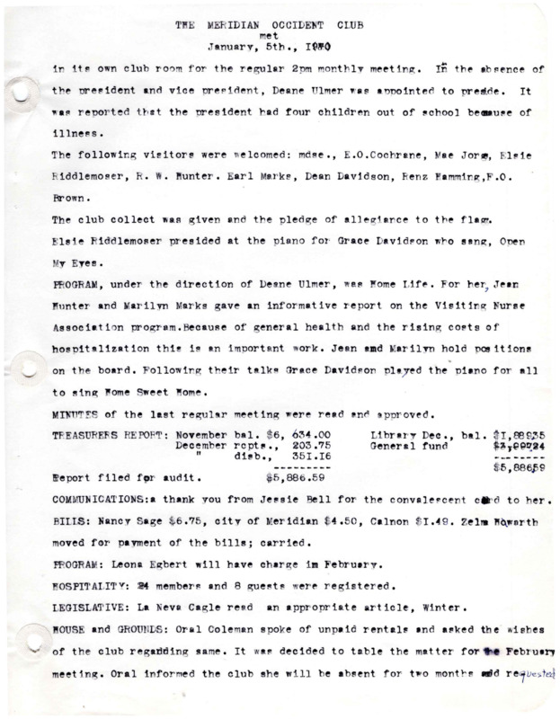 <b>January 5, 1970:</b> Program on the Visiting Nurse Association Program, addressing general health and the rising costs of hospitalization; committee reports; yearly library report needed to be turned into the city; need to raise librarian salary<br><b>February 2, 1970:</b> Program of Valentine's day appropriate songs and read verse; Nancy Sage thanks clubs for her raise in pay; library board sponsors a cooked food sale at the post office, funds to go to building fund; post meeting the executive council and the house and grounds committee met to discuss heating for the new library addition<br><b>March 2, 1970:</b> Committee reports; special meeting at high school about the drug problem; program on amateur artist promotion<br><b>April 6, 1970:</b> Program on sand dollars; committee reports; convention delegates; nominating committee presents potential club officers<br><b>May 4, 1970:</b> Delores Kotschwar, a sophmore from high school, presented a talk from the "Freedom of Democracy" contest; Marguerite Patch resigns from library board secretary; Occident Club officer elections, Leona Egbert elected president; district convention report shows emphasis on not patronizing communistic countries with United States purchases<br><b>June 1, 1970:</b> Idaho Youth Ranch needs couples for counselors; club members urged not to buy materials shipped from communistic countries; installation of new club officers; librarian paid time off discussed<br><b>September 7, 1970:</b> Nancy Sage gives account of her librarian training at Boise College; annual pancake breakfast report; club received recent publicity in newspaper; attached information on executive and library committee meeting on fundraising ideas and librarian vacation and sick leave<br><b>October 5, 1970:</b> Jaycees holding community action to help fund library remodel; committee reports; book audit<br><b>November 2, 1970:</b> Money donated to a "Public Affairs" project; Jaycee's community auction postponed to November 7<br><b>December 7, 1970:</b> Christmas readings and musical numbers; committee reports; many memorial donations to the library