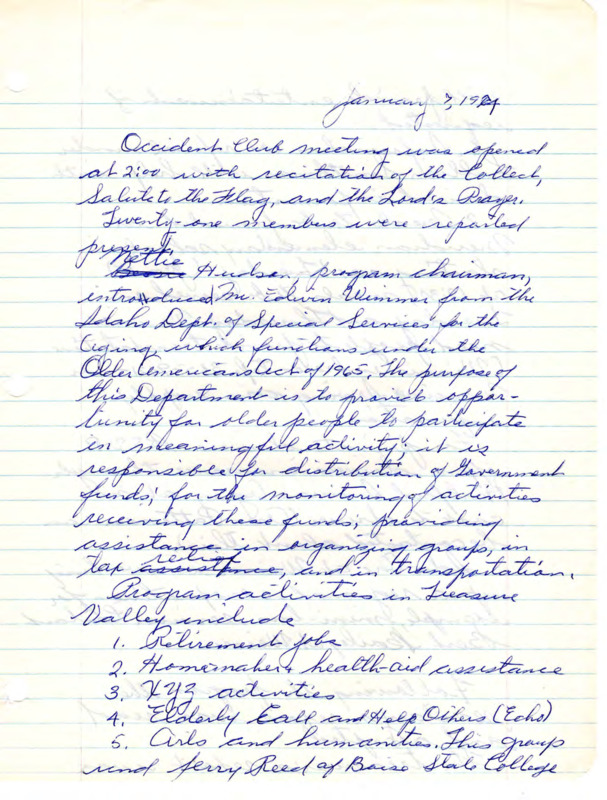 <b>January 3, 1974:</b> Program focused on the Idaho Department of Special Services for the Aging; committee reports; attached treasurer and library reports from December 1973<br><b>February 4, 1974:</b> Program on the development of vocational instruction by Meridian High School teacher; committee reports; January 1974 library report attached<br><b>March 4, 1974:</b> Program on Community Counseling Resources led by Rachel Norris from Children and Family Services in Boise; committee reports; President Pilkington reports the County Commissioners approve of the creation of a library district; February and March 1974 library report attached<br><b>March 26, 1974:</b> Special club meeting focusing on costs of completing library extension; estimated cost analysis at $15, 581.50; motion carried to accept the bid<br><b>April 1, 1974:</b> Program focused on needlecraft and quilling; committee reports; attached financial report<br><b>May 6, 1974:</b> Meeting held at Friendship Hall of Methodist Church due to library construction; original poem "To Our Occident Club" by Mildred de Reus read; "We've been working on the Library," sung to the tune of "We've Been Working on the Railroad," resolution concerning the forming of a library district read several times during meeting; Unanimous yes in favor of library district; members present signed petition to be presented to County Commissioners to establish library district; nominating committee gives names for next club officers, Mildred Langley elected president; the text of the Occident Club Resolution to form the Meridian Library District, poem "To Our Occident Club" attached, yearly committee reports attached; news clipping of Ethel Pilkington honored as Occident Club president<br><b>June 5, 1974:</b> Accuracy of the petitions secured for library district in question and must be clarified (although viewed in order per County Commissioners); committee reports; librarians given a bonus for their hard work regarding the development of the library addition; installation of new club officers, Mildred Langley the new president; various reports attached to minutes<br><b>September 2, 1974:</b> Committee reports; pancake breakfast fundraiser report; "Final Settlement of Library Project" attached<br><b>October 7, 1974:</b> Program by the State Master of Idaho Grange; committee reports; President Mildred introduced Pat Fabricius, the Secretary of the Library District<br><b>November 4, 1974:</b> Program on American Heritage with a focus on the Revolutionary and Civil Wars; first draft of the lease of the library read; committee reports; various attached reports<br><b>December 1, 1974:</b> Committee reports; report on Ada County program to help senior citizens; program by a Kindergarten choir 