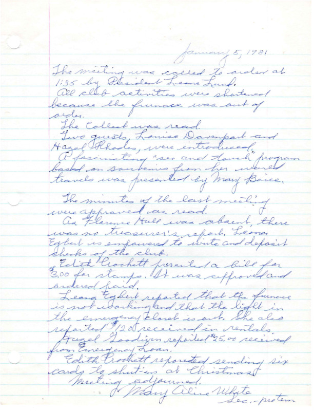 <b>January 5, 1981:</b> Clubhouse furnace out of order so meeting kept short; emergency loan report<br><b>February 2, 1981:</b> Club walked to nearby elementary school to visit a kindergarten class and returned afterward to clubhouse for meeting; Nancy Sage reported as being in St. Al's hospital; emergency loan now has collapsible walkers<br><b>March 2, 1981:</b> Program by Donna Kesner, public relations officer for the Meridian IRU; motion carried to make changes in club's money manage account; motion carried to give $25 to Girls State<br><b>April 6, 1981:</b> Program on hobbies and crafts; on advice of the bank the checking account decision in last meeting was not changed; nominating committee gives possible names for next officers<br><b>May 4, 1981:</b> Club business reports; club officer election, Leone Lund re-elected president<br><b>June 1, 1981:</b> Officers installed for the next club year, Leone Lund remains president; need for new wiring in the building discussed<br><b>September 7, 1981:</b> Program by guest Larry Bennett who gave a report on Boys State; pancake breakfast income report; emergency loan needs new wheelchairs; summer financial reports attached<br><b>October 5, 1981:</b> Program on the subject of Canada; Steve Marker of Meridian Times asked for the club "old timers" help on his project to do a history of Meridian; new wheelchairs received for emergency loan; Modern Woodmen of America desire to provide a donation of two wheelchairs and other equipment for the emergency loan, motion carried to accept gift<br><b>November 2, 1981:</b> Program full of readings and poetry; the one hour parking on Idaho St. discussed, club to look into potential problems<br><b>December 7, 1981:</b> Ten students from Meridian High School entertained club with Christmas songs; motion carried to donate $100 to the Elks Rehabilitation Center; motion carried to collect a dollar from every club member able to donate to the Boise Rescue Mission